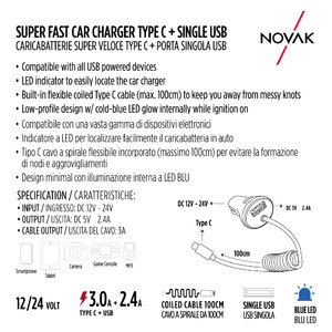 Cavo ricarica 12V + USB Super veloce - NOVAK