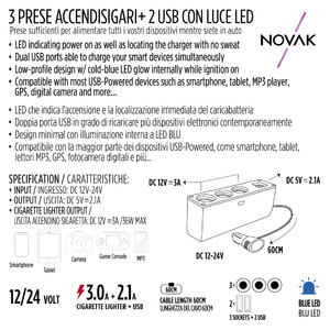 Sdoppiatore presa accendisigari con USB 3 socket + 2 USB - NOVAK